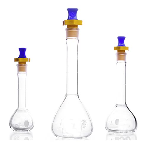 קימקס בורוסיליקט זכוכית כיתה בקבוק נפחי פה רחב כבד עם פקק פוליאתילן, ± 0.20 מל סובלנות, 200 מל קיבולת