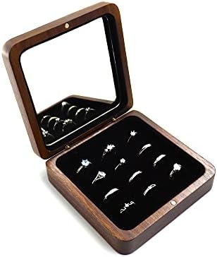 DSHOM כפרי טבעת עץ אחסון תיבת תצוגה עם מראה נייד 12 חריצים מגש מחזיק מארגן