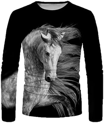 צמרות יומיומיות לגברים 3D סוס מודפס חולצת טש שרוול ארוך