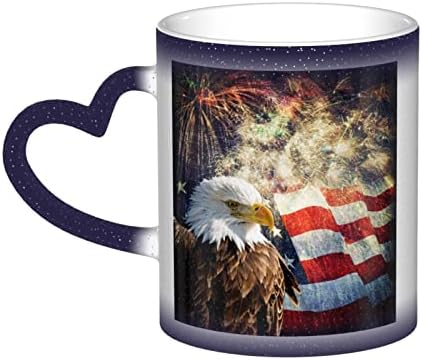 Moliae American Flag זיקוקים נשר ספלים מודפסים חום רגיש לספל קפה קרמי, כוס תה חלב, מתנת יום הולדת לחג
