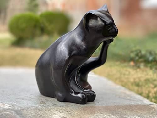 סחלב כחול מזל פנג שואי שחור חתול שחור - פסלון ישיבה משקל נייר - פסל שרף אספני למדף שולחן השולחן 4.75 אינץ '