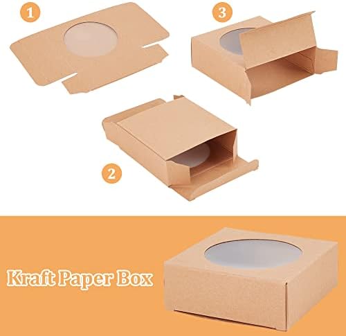 24 חבילות קראפט חום קופסאות נייר מרובעות קופסא אריזת מתנה עם חלון שקוף עגול 3 על 3 על 1.2 לסבון תוצרת בית, לטובת