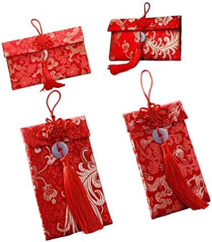 4 יחידות משי אדום מעטפות עם ציצית מזל כסף מעטפות מתנה לעטוף שקיות כיסים הסיני חדש שנה המפלגה טובות אספקת מעטפה