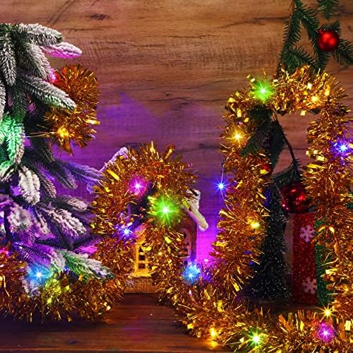 50 רגל חג המולד טינסל גרלנד עם 65.7 רגל אורות מיתרים פיות תלויים זר מטאלי מתכתית טוויסט טוויסט גרלנד עם אורות לעיצוב