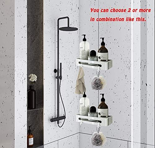 חדר אמבטיה שמחה על מקלחת מקלחת מדף מלבן סל קדי עם ווים לספוג תלייה, סכיני גילוח ומארגן שמפו, עם שתי דרכים להתקנה לאפשרות של