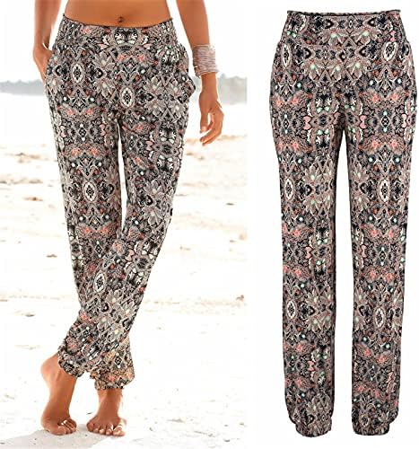 MMKNLRM מכנסי בוהו רופפים לנשים מכנסי חוף מכנסיים קלים למותניים מכנסיים דפסת בוהו מזדמנים מכנסיים