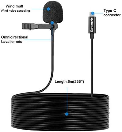 Saramonic Lavmicro Digital Digital Type-C Lavalier Microphone עם מתאם USB של 90 מעלות עם כבל 20ft תואם ל-