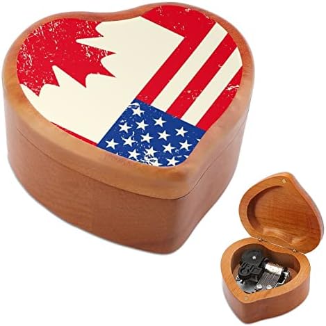 דגל אמריקאי וקנדה קופסאות מוסיקה מיוער וינטג 'חרוט לב מתנת קופסא מוזיקלית לחג המולד