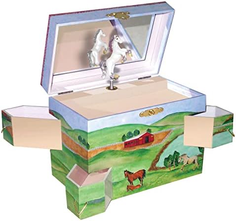 Enchantmints הסתר קופסת תכשיטים מוזיקלית לסוס לילדים - חזה אוצר לילדים עם 4 מגירות לשלוף לחנות פריטי תכשיטים
