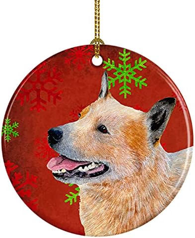 אוצרות קרוליין LH9317-CO1 כלב בקר אוסטרלי כלב אדום ירוק שלג של שלג קישוט קרמיקה לחג המולד, קישוטים לעץ חג המולד,