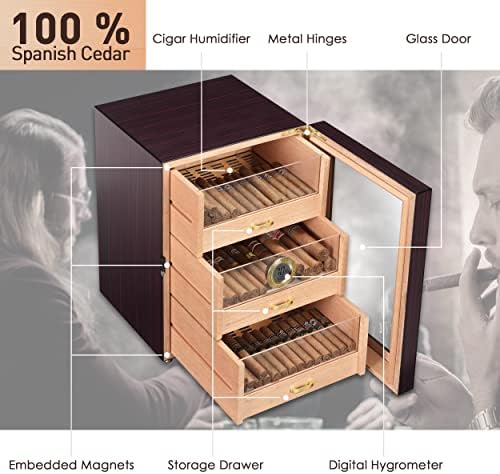 תיבת הומידור סיגרים בעבודת יד-קופסת סיגרים מעץ ארז ל-100 עד 150 סיגרים עם מדדי לחות דיגיטליים, 3 מגירות ו-2