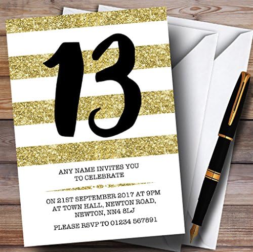 נצנצים זהב ולבן פסים 13 הזמנות למסיבת יום הולדת בהתאמה אישית