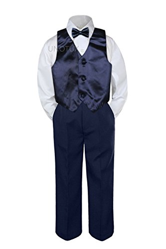 Leadertux 4PC פעוטות בנים פעוטות נייבי אפוד כחול עניבת פרפר חליפות מכנסיים כחולים כהים S-7