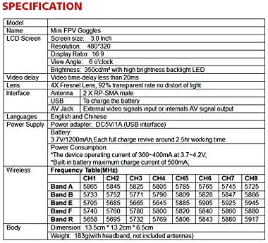 משקפי FPV 5.8 ג'יגה הרץ, ARRIS VR-009 אוזניות וידאו 5.8G 40CH HD 3 אינץ '16: 9 תצוגה מיני FPV משקפי משקפי