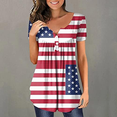 4 יולי טוניקות לנשים אמריקאי דגל בטן מסתור חולצה קיץ מזדמן קצר שרוול כפתור עד עם צווארון חולצה למעלה