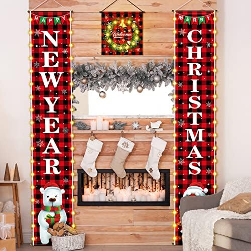 3 יח 'באנר מרפסת חג המולד, חוץ של שלט המרפסת הקדמית עם אורות, דלת דלת משובצת באפלו שחורה אדומה, קישוט תלויה חג המולד לבית