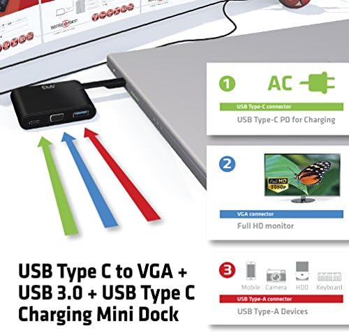 Club3D סוג C ל- VGA USB 2.0-A USB סוג C טעינה 3A מיני מזח