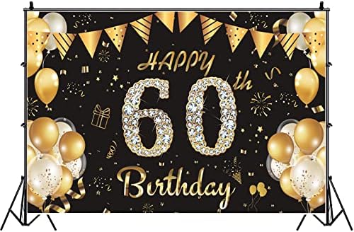 שחור וזהב שמח 60 יום הולדת רקע באנר עבור גברים נשים, שישים שנה מסיבת יום הולדת צילום רקע עוגת שולחן אספקת קישוטי
