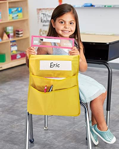 2 יחידות צהוב כיס גב כיסא 16.6 איקס 19, כיסי כיסא בכיתה, כיסי כיסא תלמיד, עם 6 כיסים ותג שם תלמיד