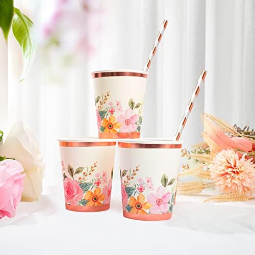 פרחוני נייר צלחות מפיות כוסות סטים ורוד פרח תה ספקי צד חד פעמי כלי אוכל סטי משמש 24 עבור כלה מקלחת, ימי הולדת