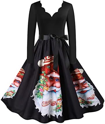 חג המולד נשים של בציר קוקטייל מידי שמלות 1950 רוקבילי נדנדה שמלה ארוך שרוולים צוואר סירת מסיבת תה שמלה