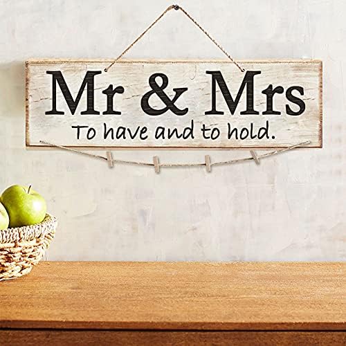 Carriecur Wooden Mr & Mrs Sign Sign קישוטי קיר של חתום על קיר קיר לחתונה לוח תלייה עם חוט קנבוס וקטעי תמונות