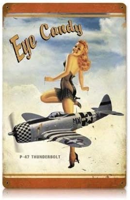P-47 Thunderbolt Pinup Girl Candy Candy Vintage Metal שלט פח צבאי שלט 7.8x11.8 אינץ '