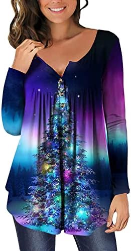 עץ חג המולד של ניאון חולצות טי לנשים כפתור אופנה למעלה חולצת הנלי לבוש מזדמן גבוה קפלים תחתונים קפלים חולצה חולצה