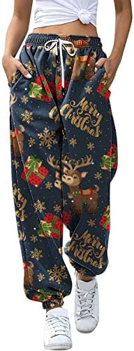 מכנסי טרנינג לחג המולד נשים עם כיסים מזדמנים מותניים גבוהים מכנסי טרנינג רגועים בכושר חג שמח חדר כושר נוח ריצה ריצות