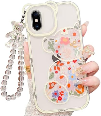 מקרה iaiyoxi iPhone XR עם דפוס דובי פרחים חמודים, מגן מצלמה, מקרה ברור ורשת צמיד רצועה מקסימה, התואמת לאייפון