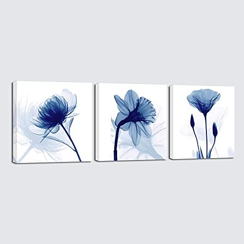 אמנות כחול מופשט פרחים 3 פנלים ז ' יקלה בד הדפסי קיר אמנות מודרני תמונות יצירות אמנות לסלון חדר שינה וקישוטים לבית