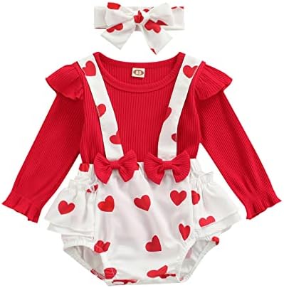 3 יחידות פעוט תינוקות תינוקות תינוקות חג האהבה תלבושת אדומה ראפלס צמרת הדפס לב הדפס מכנסיים קצרים חליפת סרט
