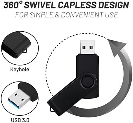Vixelle 2 חבילה 16 ג'יגה-בייט במהירות גבוהה USB 3.0 כונן פלאש-מסוגנן של 360 ° שחור 360 ° מתכת מסתובב מקלות זיכרון USB עם לולאת