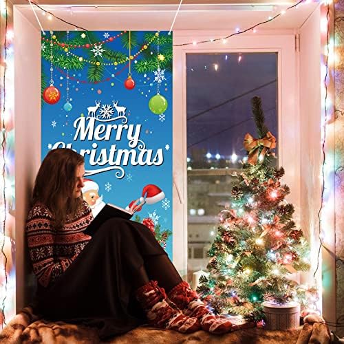 קפמוב כיסוי דלת חג מולד שמח, כרזה לקישוט דלתות חג המולד, באנר כחול סנטה חג המולד תאי צילום תאי עיצוב רקע, דלת חג המולד