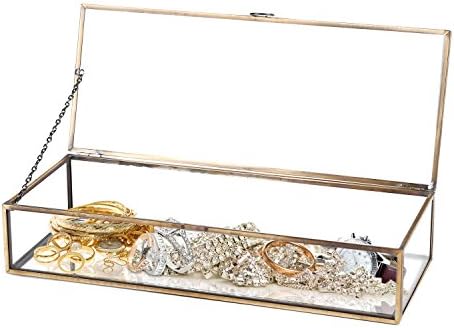 קופסת תכשיטים מזכוכית מיג 'יפט, מתכת פליז בסגנון וינטג' וזכוכית שקופה עם מכסה עליון צירים