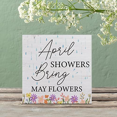 מקלחות באפריל מביאות פרחי מאי קופסא עץ שלט חווה קופסת עץ שלט אביב בלוקים לאמנות שולחן כפרי לשולחן שולחן שולחן דקור בית 5 x