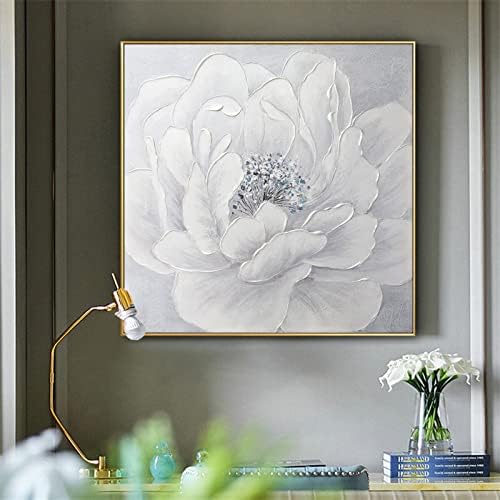 ציור שמן פרחים מופשט של יואניירן ציור שמן פרחים - אדמונית לבנה מרובעת בגודל גדול ציור סלון מרפסת מסעדה נורדית