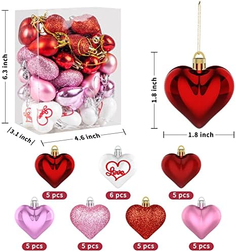 Labeol's Valentine's Decor קישוטים לבבי לב 36 PCS Baubles בצורת לב אדום ורוד לב לבן קישוטי תלייה ליום האהבה יום
