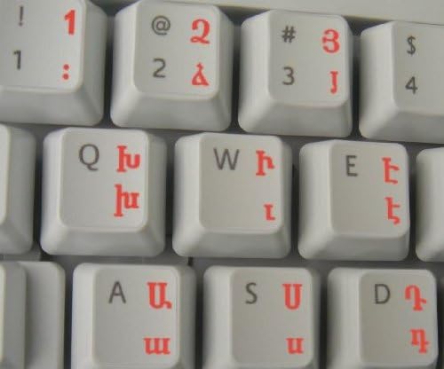 מדבקות מקלדת ארמניות עם אותיות אדומות על רקע שקוף לשולחן עבודה, מחשב נייד ומחברת