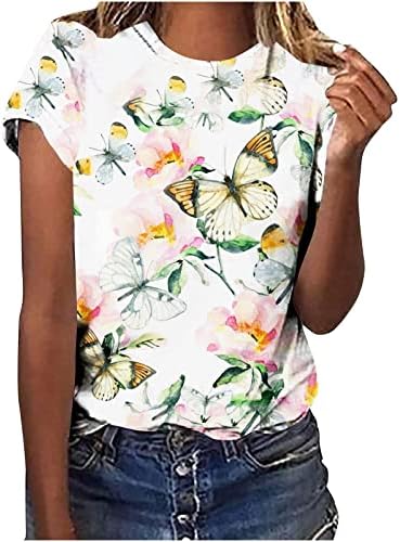 חולצת סטרץ צוואר הצוות לנשים לנשים שרוול מרפק קצר פרפר פרחים פרחוני בראנץ 'צמרות בסיסיות בנות נוער 2023