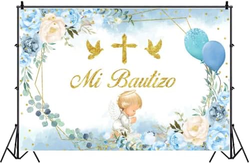 Mi Bautizo שלט תפאורה לילד מלאך פרח לבן פרח לבן בלון זהב זהב ברך ראשונה טקס הטבילה של טבילת תינוקות קישוטים למסיבה צילום