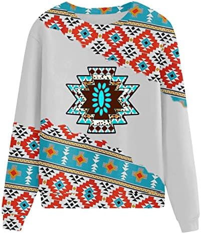 Oplxuo סווטשירטים בסגנון אתני לנשים מערבי הדפס אצטק דפסת שרוול ארוך בלוק סוודר סוודר סולבר מזדמן חולצה עליונה רופפת חולצה