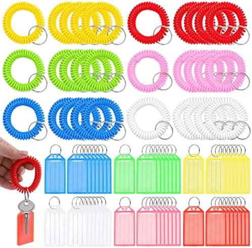 78 יחידות 6 צבעים קשה פלסטיק תגי מפתח נמתח מחזיק מפתחות צמיד ערכת, פלסטיק מפתח תווית עם פיצול טבעת ותווית חלון מפתח