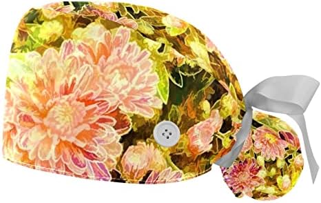 2 מחשבים אחות קרצוף כובעים נשים שיער ארוך, צבעו צמח פרחי אדמונית ורוד ורוד כובע עבודה מתכוונן עם כפתור ורצועת זיעה