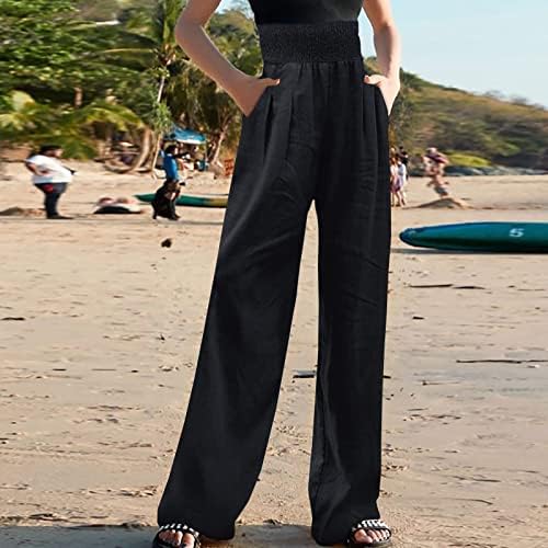 נשים גבוהה מותן קפלים חוף מכנסיים רופף מזדמן רחב רגל מכנסיים אור משקל קיץ מכנסיים עם כיסים