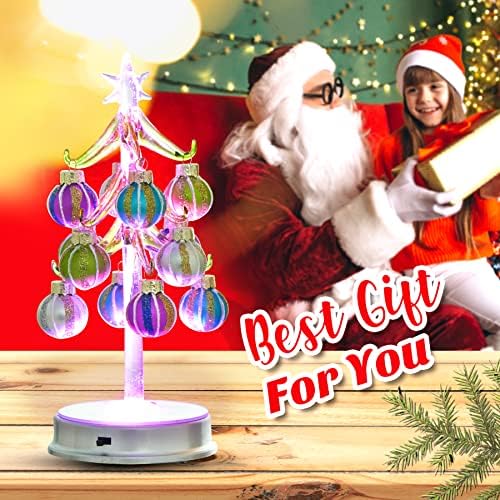 עץ חג המולד של זכוכית מוארת של Happyspot עם 12 קישוטים לכדור נוצץ זוהר בעץ חג המולד הכהה לדירה או לקישוטים לחג המולד