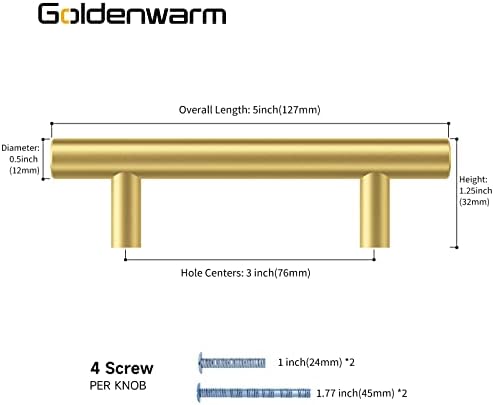 Goldenwarm 10 חבילות ארונות פליז מוברש מושכות ידיות מגירות שידה זהב 3 אינץ