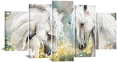 Levvarts 5 יצירות סוס לבן קיר קיר אמנות סוסים רומנטיים עם ציור פרחי בר הדפס תמונה על בד אמנות חיות מודרנית לקישוט חדר