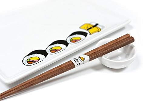 Sushi Sushi Gudetama Stonare סט עם צלחת, צלחת ווסאבי ומקלות אכילה - עיצוב ביצים עצלני חמוד של סנריו - כלי אוכל קרמיקה