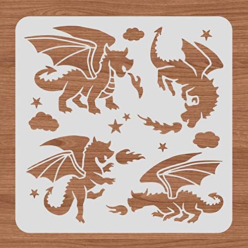 12 * 12 דרקון פלסטיק סטנסיל, ימי הביניים דרקון סטנסיל פנטזיה נושא ציור תבנית עבור יומן אלבום עשה זאת בעצמך